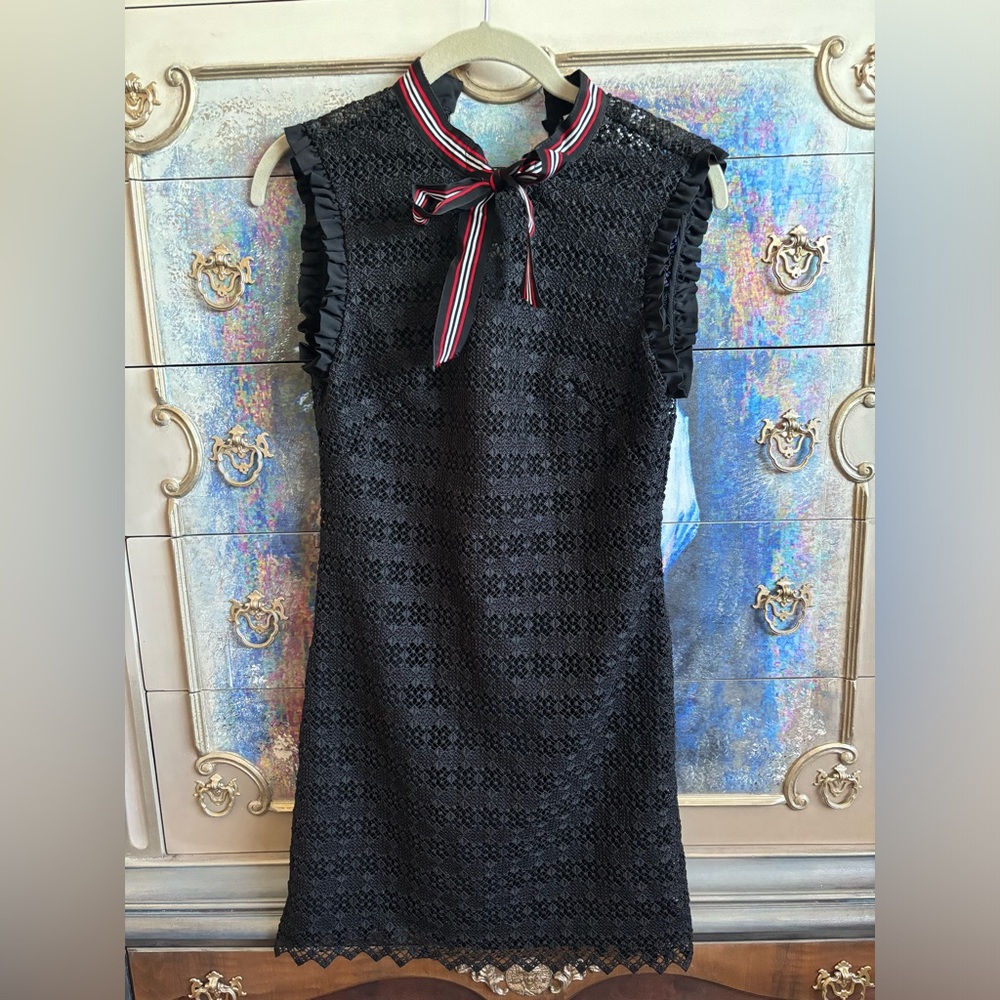 🖤 Sandro Paris French Maid Black Lace Dress with Ribbon Detail